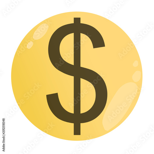 Gold coin with dollar symbol, flat vector illustration of currency and finance icon on white background.