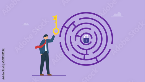 Tableau sur toile Businessman holding key and thinking how to pass the maze and unlock padlock