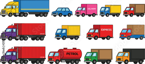Bild auf Leinwand Flat vector illustration collection of colorful commercial vehicles including cargo semi trucks petrol tankers express delivery vans and a passenger car for logistics design