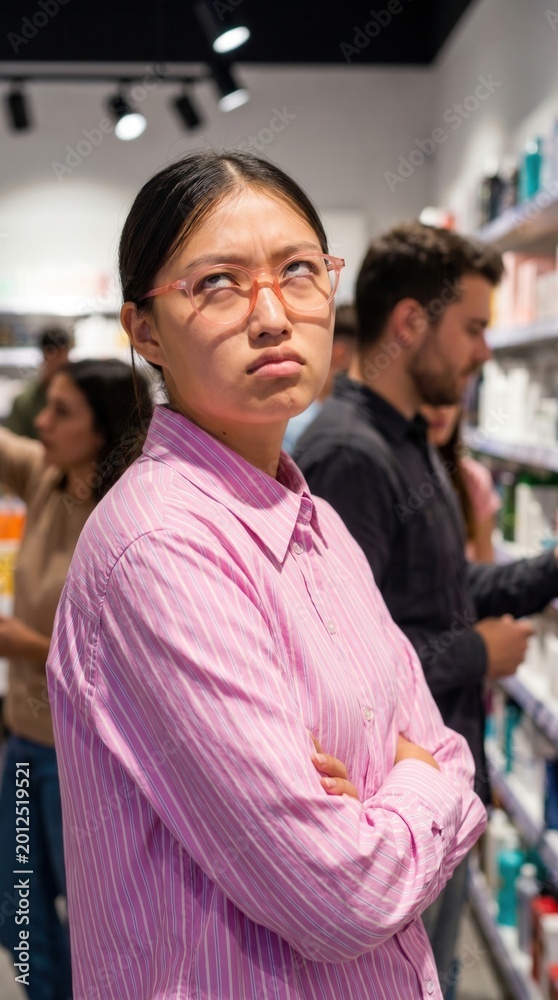 Fototapeta premium Young woman rolling eyes and feeling annoyed in a crowded retail environment