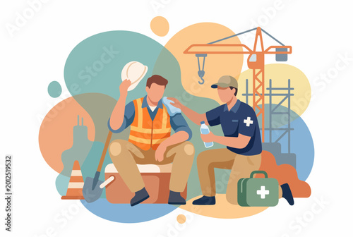 Canvas Print First Aid Assistance for Construction Worker with Heat Exhaustion
