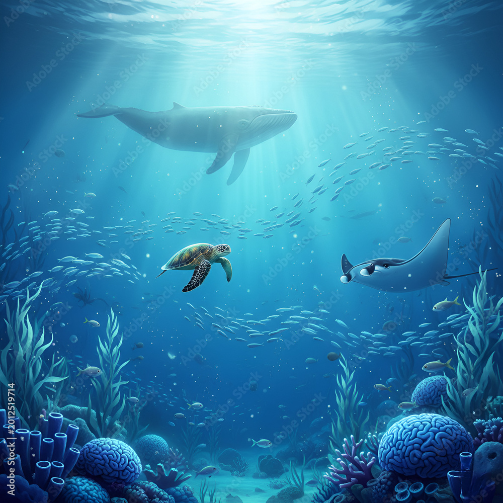 Naklejka premium underwater scene with fishes and turtle