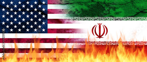 National flags of USA and Iran Conflict. Tension between america and iran flags on fire, Cracks Symbolizing Deepening International Crisis. not ai