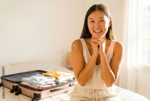 Excited young woman sitting on bed, ready for vacation and holiday trip