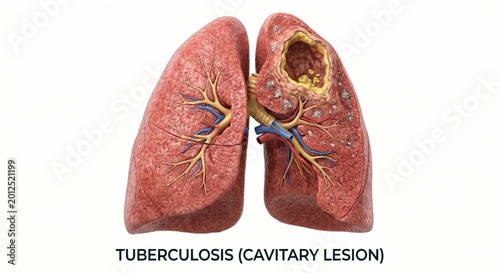 Anatomical visualization displaying lung tuberculosis cavitary lesion and caseous necrosis nodules representing chronic infectious respiratory pathology within clinical medicine