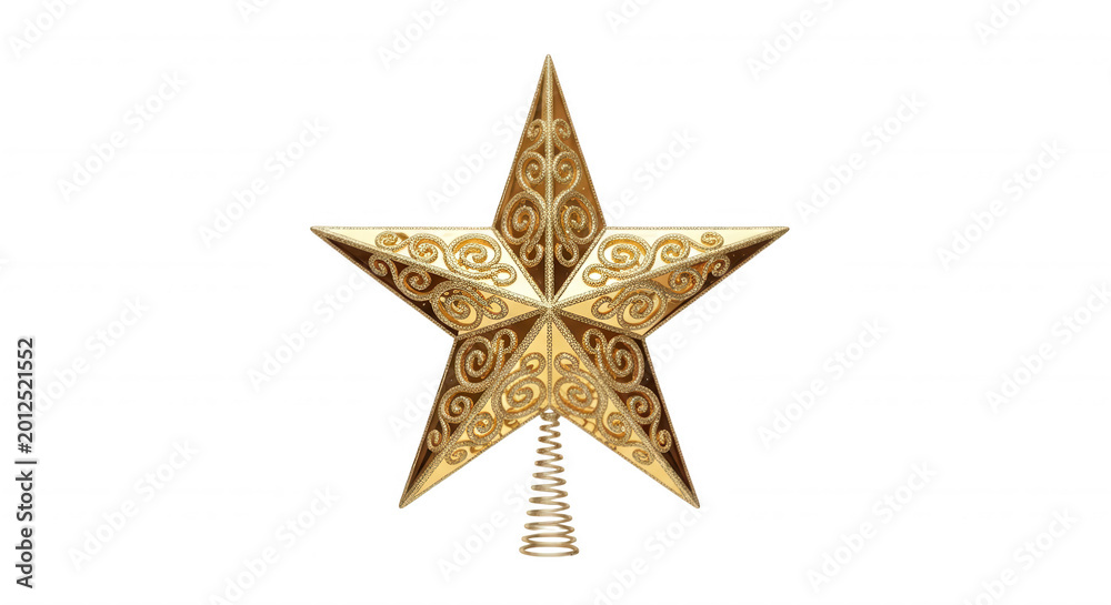 Obraz premium A golden christmas tree topper star with intricate swirling filigree patterns and a coiled conical base isolated on a black background