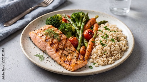 Grilled salmon fillet with roasted vegetables and quinoa baby carrots cherry tomatoes diet food photography cooked food lean protein hot food