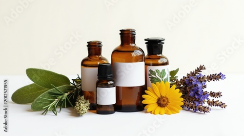 Amber glass bottles with plant extracts and herbs like sage rosemary lavender and yellow flower. Natural healing remedies essential oils for aromatherapy and wellness.