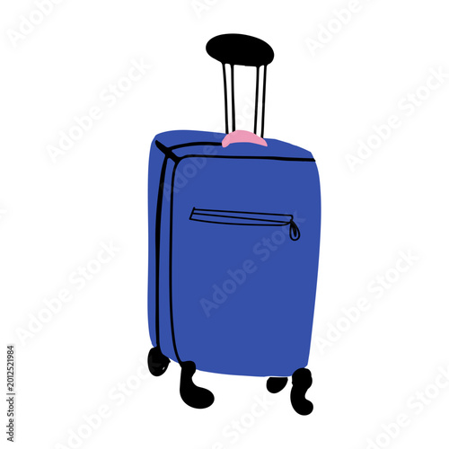 Blue rolling suitcase isolated on transparent background in modern hand drawn style.