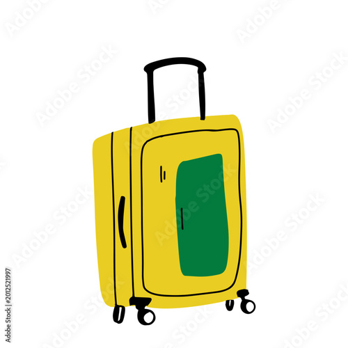 Yellow rolling luggage illustration isolated in playful modern vector style.