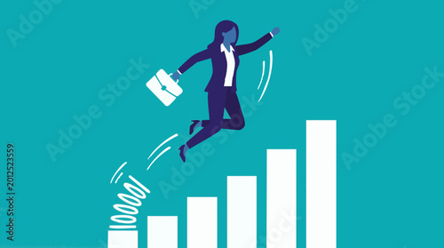Foto Ambitious businesswoman jumping over growth bar chart for career success