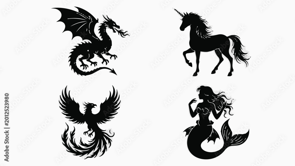 Fototapeta premium Collection of mythical creatures silhouettes including dragon, unicorn, phoenix, and mermaid