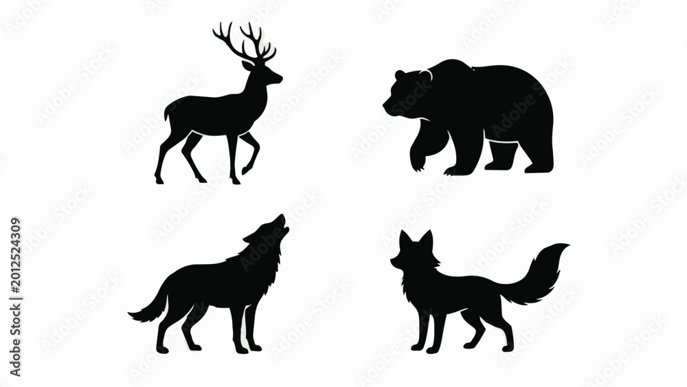 Obraz premium Silhouettes of various wild animals including deer bear wolf and fox