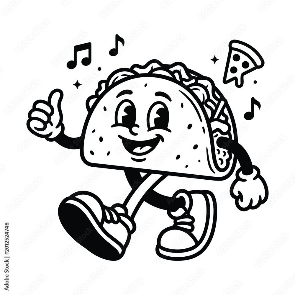 Naklejka premium Happy Retro Cartoon Taco Character Dancing with Music Notes and Pizza Slice