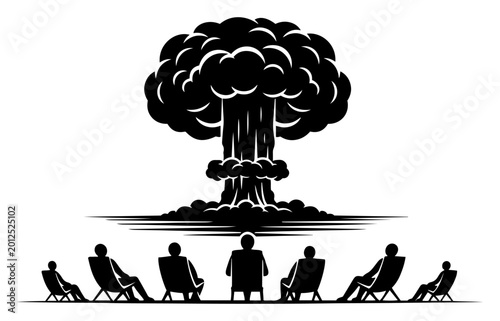 Foto Group of people sitting on deck chairs watching massive nuclear explosion on hor