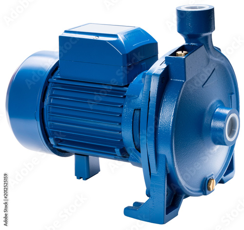 Electric water pump isolated on white background with clipping path, industrial and household equipment for water supply, irrigation and fluid transfer systems.PNG File.