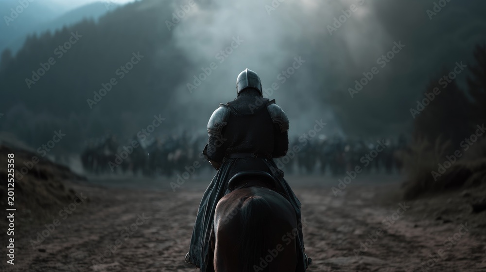 Fototapeta premium back view of knight riding horse with sword on the battlefield