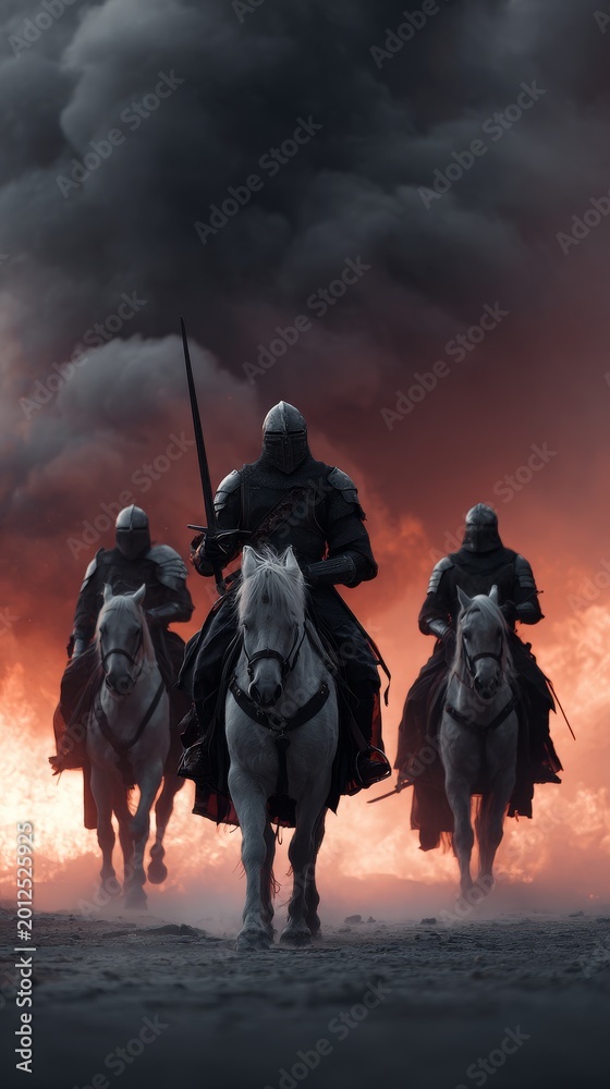 Fototapeta premium knights riding horses with swords on the burning battlefield