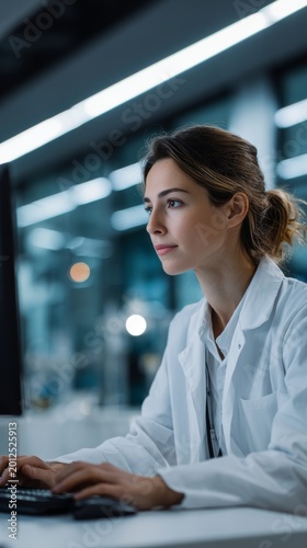 female scientist in white uniform works at a computer in a modern laboratory