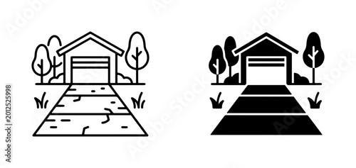 Garage Entrance Icons, Residential Driveway and Building Exterior, Simple Line Art and Solid Fill Styles
