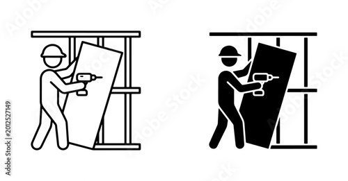 Construction Worker Icon Set, Drywall Installation, Building Renovation, Home Improvement, DIY Project, Vector Graphics