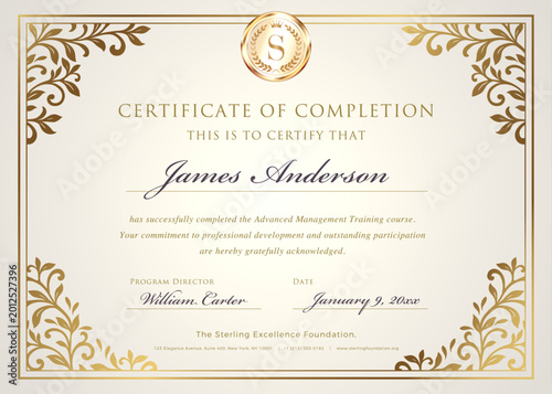 Elegant Certificate of Completion Template - Luxury Gold Floral Border Design
