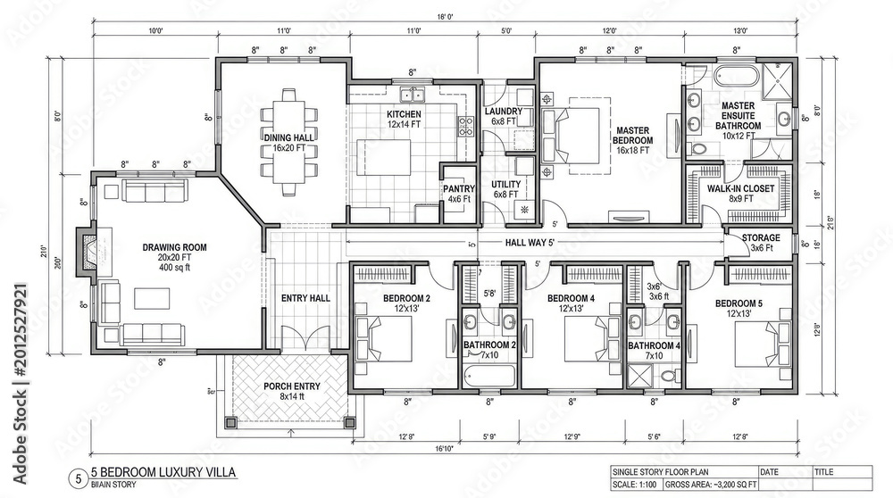 Fototapeta premium Detailed technical floor plan with labeled rooms and furniture layout blueprint
