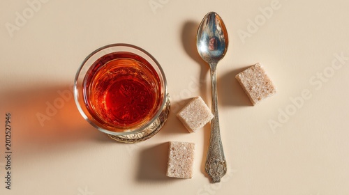 Flat lay of Turkish tea glass, spoon and sugar cubes