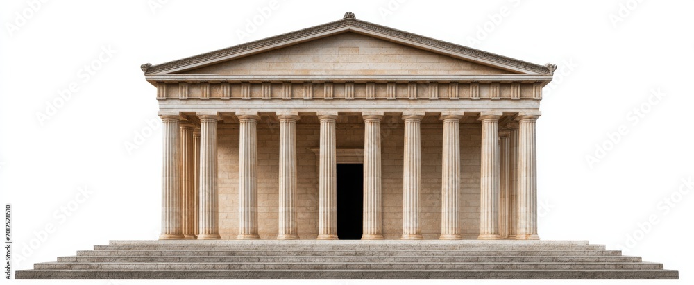 Fototapeta premium Stunning isolated Greek temple features elegant Doric style facade in warm beige limestone against bright background