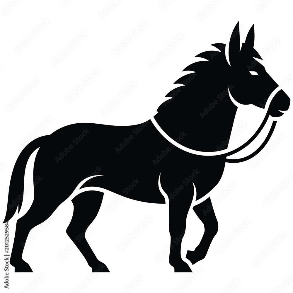 Fototapeta premium Black silhouette of a donkey standing with a harness isolated on white background
