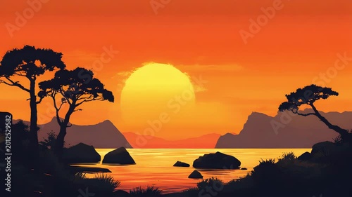 Tropical Coastal Sunset Landscape with Silhouette Trees Cinematic Nature Background