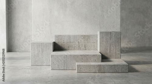 Minimalist concrete display platforms and podiums elegantly arranged in a spacious empty gray room, perfect for modern product presentation or architectural design concepts