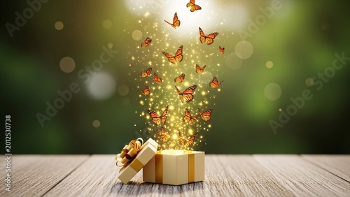 Beautiful open gift box with glowing butterflies and sparkling lights emerging into a vibrant green blurred background perfect for celebration and surprise themes