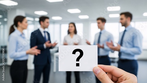 Business professionals engaged in a discussion in a modern office environment with a focus on a hand holding a card with a question mark symbol representing inquiry or decision making