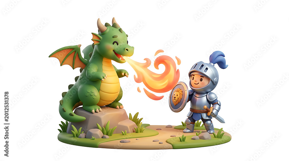 Naklejka premium A friendly cartoon dragon breathes fire at a brave knight in shining armor, set in a whimsical outdoor scene.