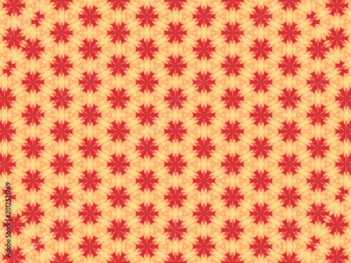 Red starburst patterns repeat across a warm, golden background. Each design radiates outward, bold and symmetrical. The color combination evokes warmth and cheer. Perfect for holiday, festive
