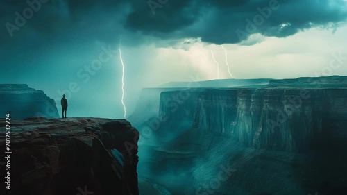 Person Standing on Canyon Cliff During Lightning Storm Cinematic Landscape