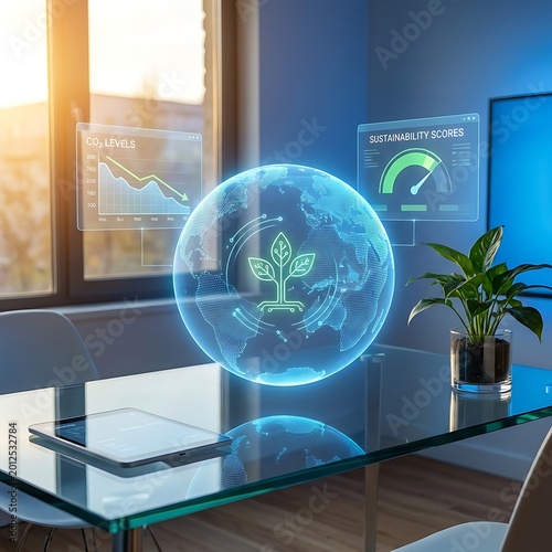 Digital Earth hologram with sustainability metrics on a glass table, showcasing ecological data and environmental growth