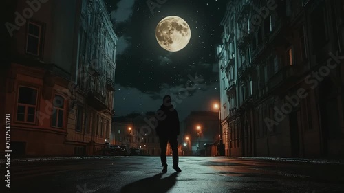 Lonely Person Standing on Empty Street Under Full Moon Cinematic Night Scene