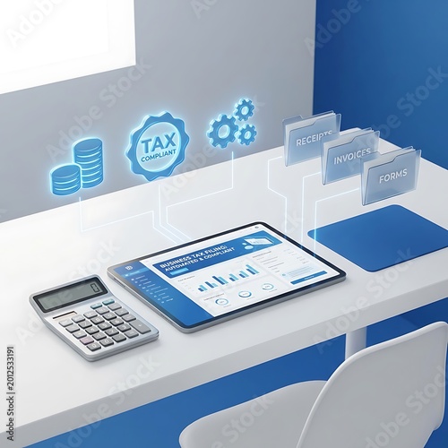 Optimized Digital Financial Management Concept Illustrating Tax Compliance, Accounting Software, and Document Organization with a Tablet and Calculator