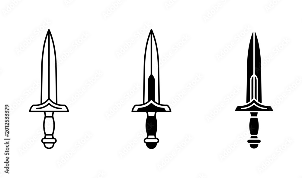 Fototapeta premium Medieval Dagger Icons, Ancient Weapon Symbols, Historical Blade Illustrations, Set of 3 Vector Graphics