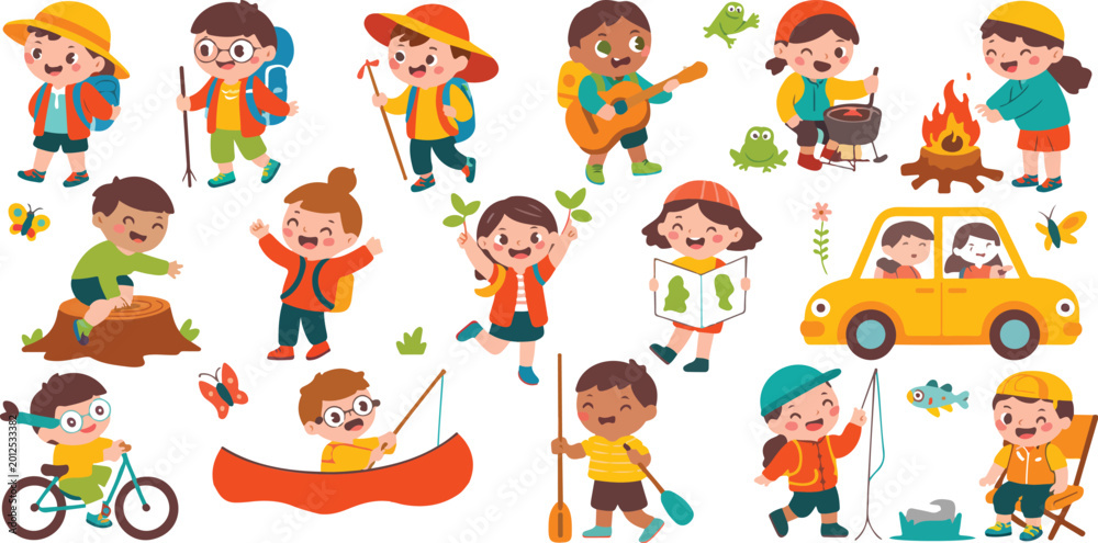 Obraz premium Cute hiking kids enjoying summer camp outdoor activities including camping fishing rafting trekking vector illustration set