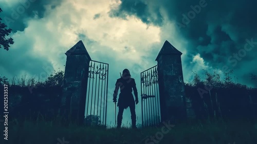 Dark Silhouette Standing at Open Gates Under Stormy Sky Cinematic Scene