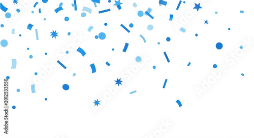 Falling blue confetti shapes including circles stars and rectangles isolated on a solid black background for festive party celebration