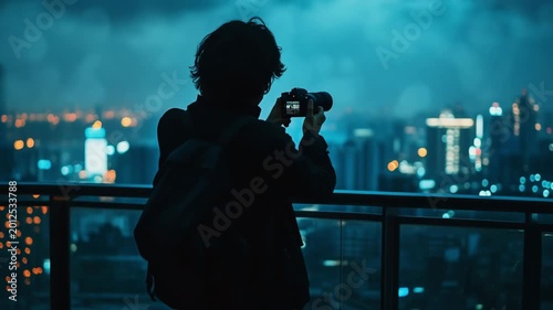 Photographer Capturing Cityscape at Blue Hour Cinematic Urban Night Scene
