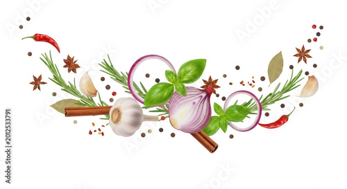 Floating arrangement of fresh red onion slices garlic cloves green basil leaves rosemary sprigs cinnamon sticks star anise and peppercorns