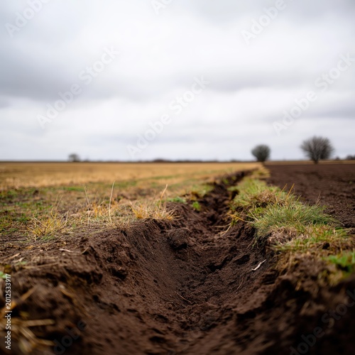 Wet spring soil shows signs of life in a field near trees under a cloudy sky