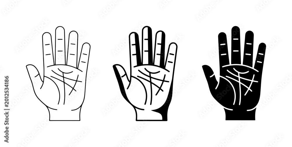 Fototapeta premium Palmistry Hand Icons, Fortune Telling Symbols, Chiromancy Line Art, Mystical Prediction Graphics, Psychic Reading Vector Set