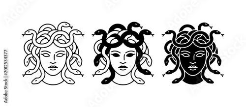 Medusa Head Vector Icons, Greek Mythology Gorgon Art, Serpent Hair Stylized Illustrations, Ancient Legend Character Designs, Black and White Graphic Elements