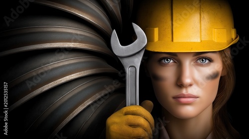 Woman holding a wrench in front of large industrial machinery in a workshop setting during daylight hours